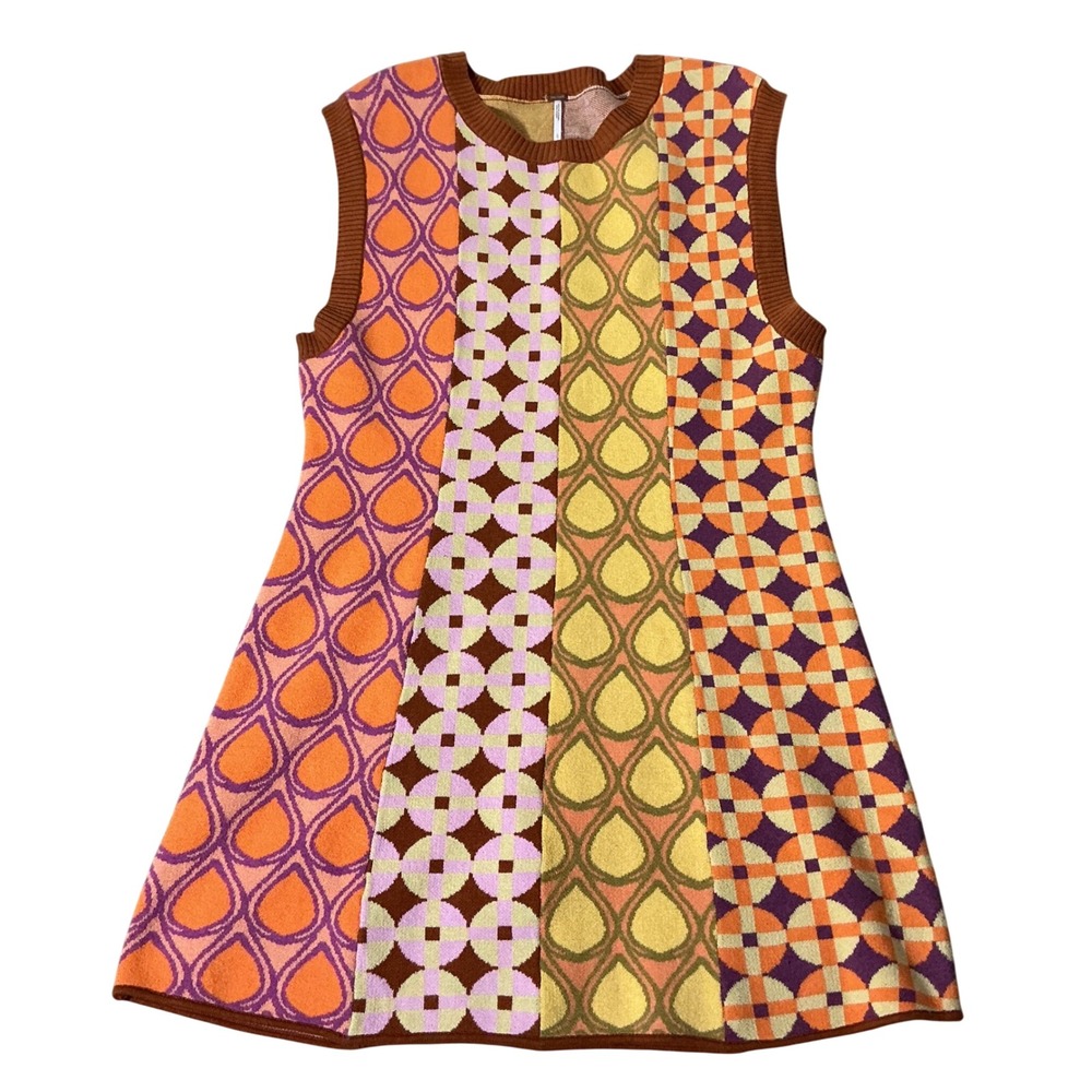 Free People Retro Patchwork Knit Mini Dress Womens L Orange Geometric 70s